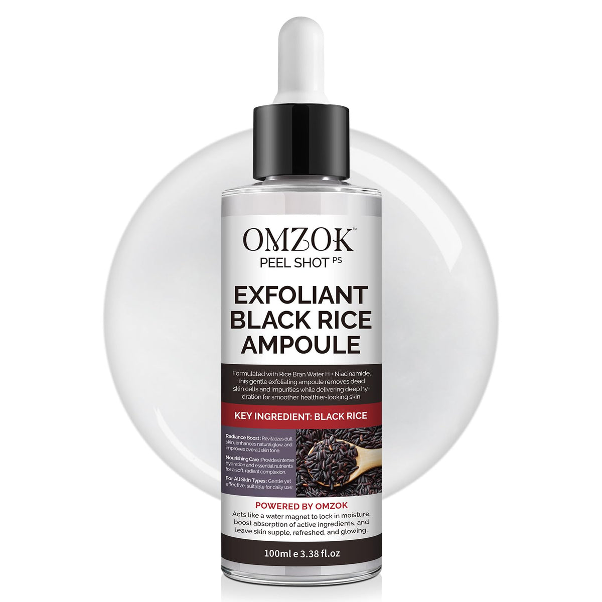 OMZOK Peel Shot Glow Rice Ampoule bottle for at-home exfoliation and radiant skin.