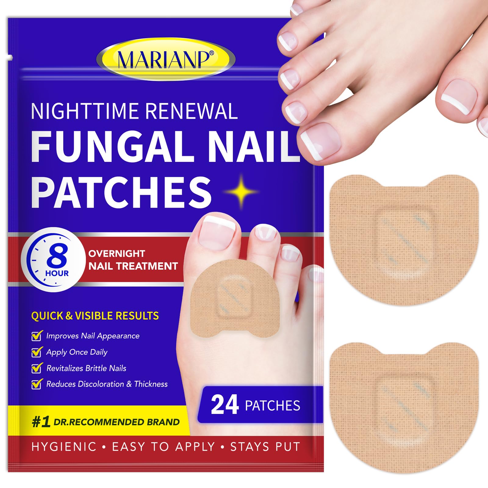 OMZOK toenail patches box shows 24 overnight treatment patches for healthier nails.
