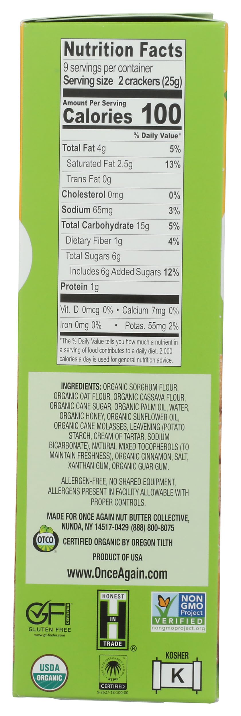 Once Again Organic Honey Graham Crackers front box view, convenient pantry snack.