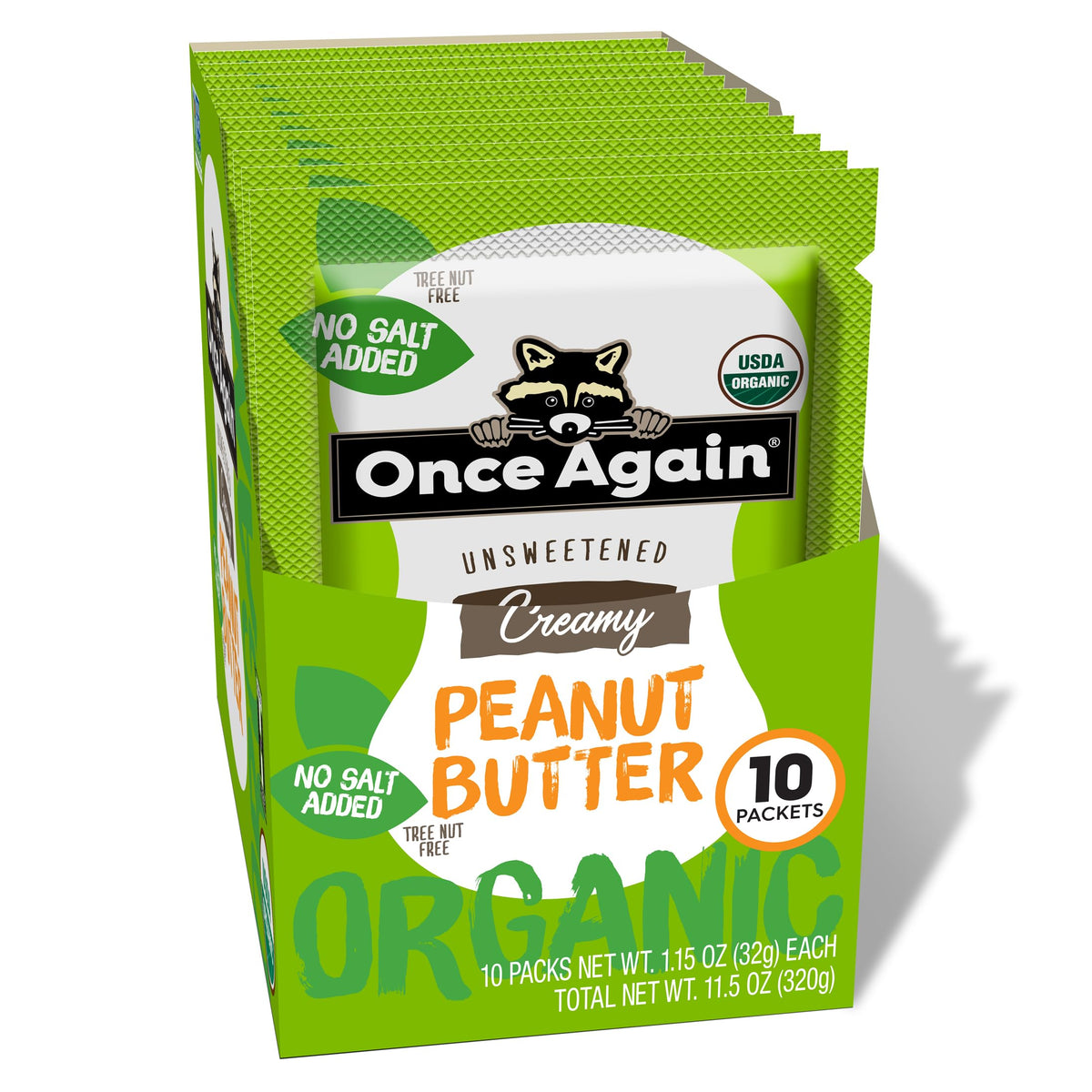 Once Again organic peanut butter packets displayed in a box for convenient snacking on the go.