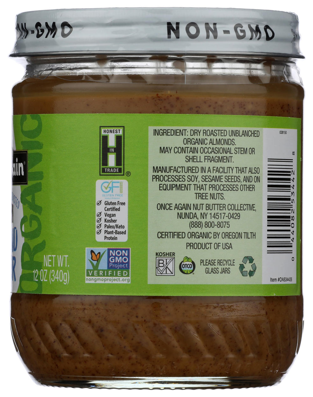 Once Again Organic Smooth Almond Butter jar on kitchen counter ready for meals.