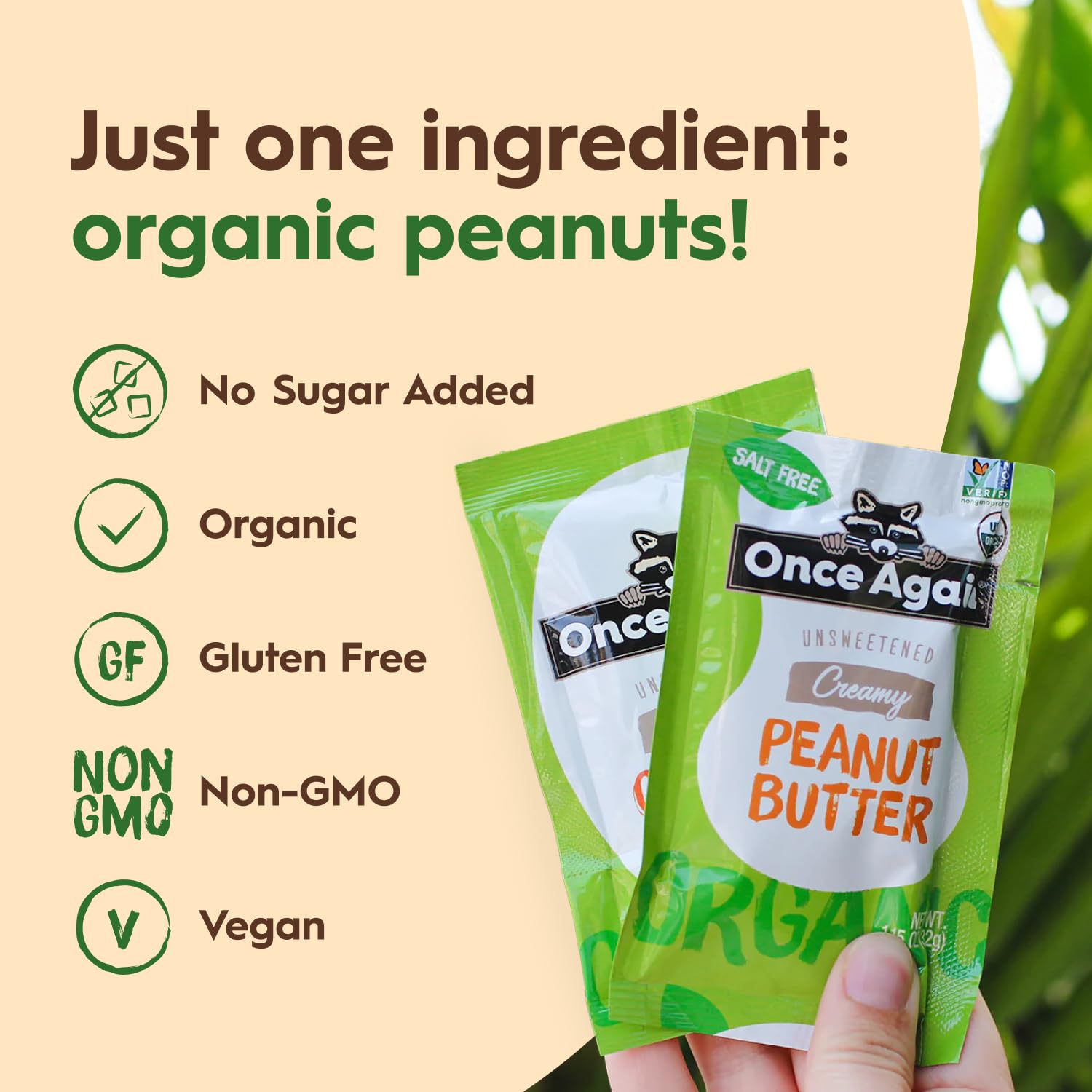 Once Again peanut butter packets in a bag for quick travel snack.