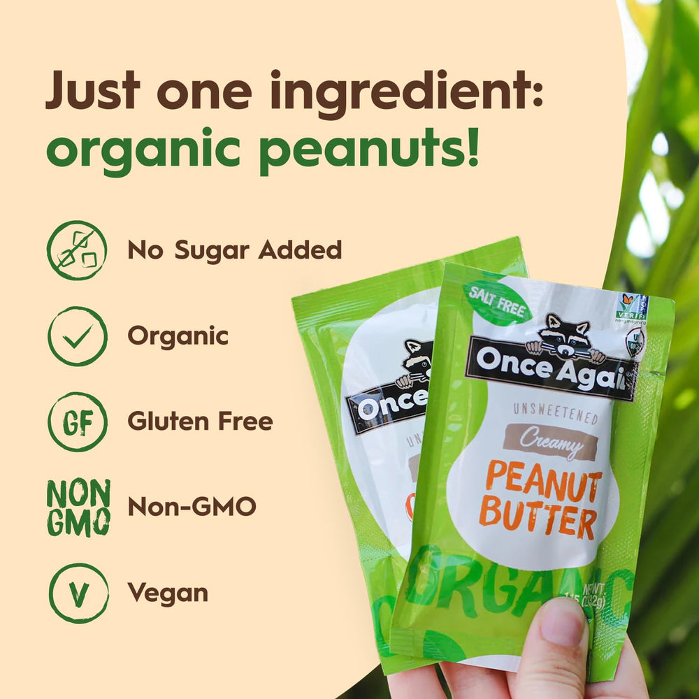 Once Again peanut butter packets in a bag for quick travel snack.