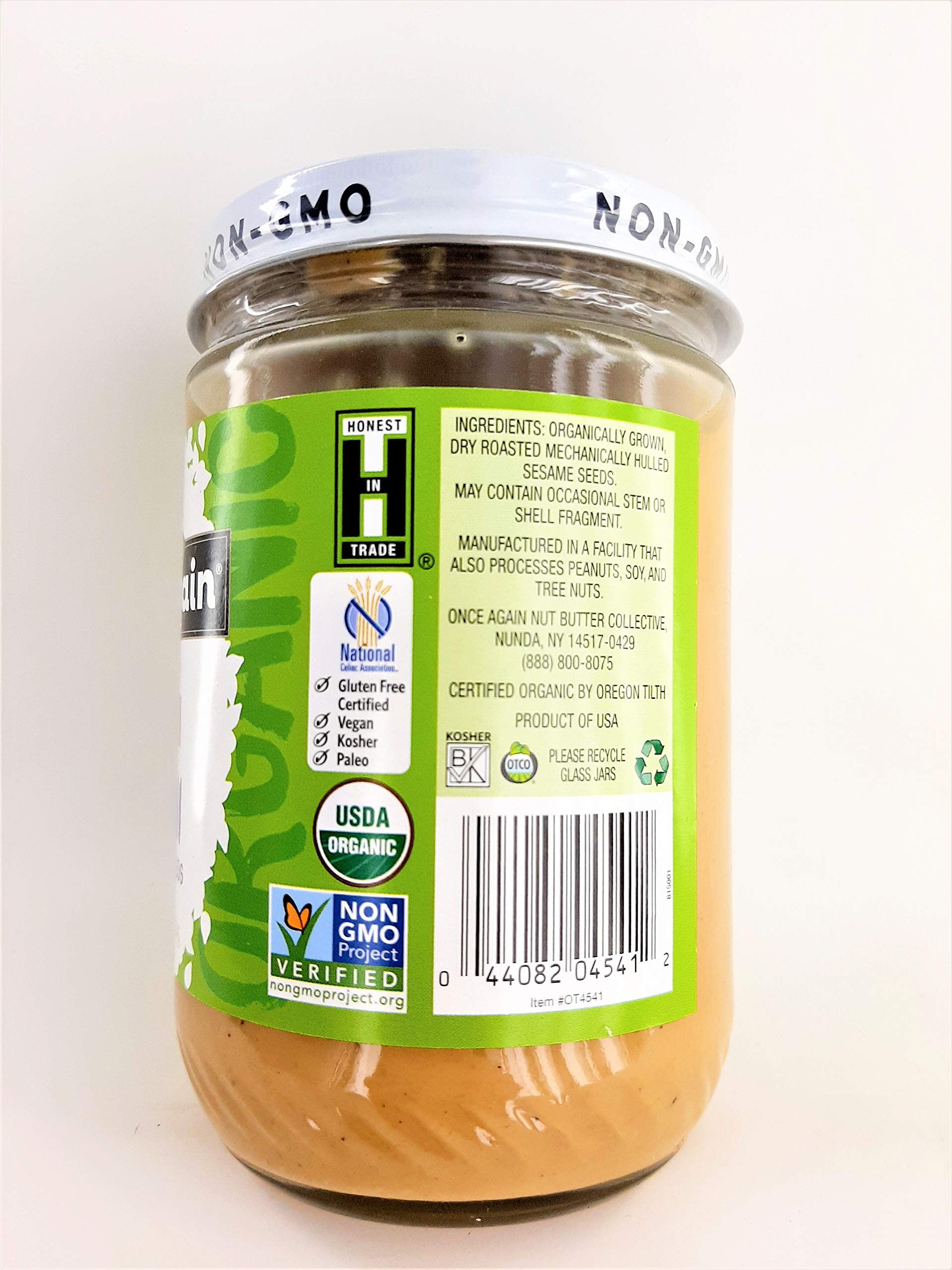 Once Again sesame tahini label close-up emphasizes salt-free, unsweetened formula.