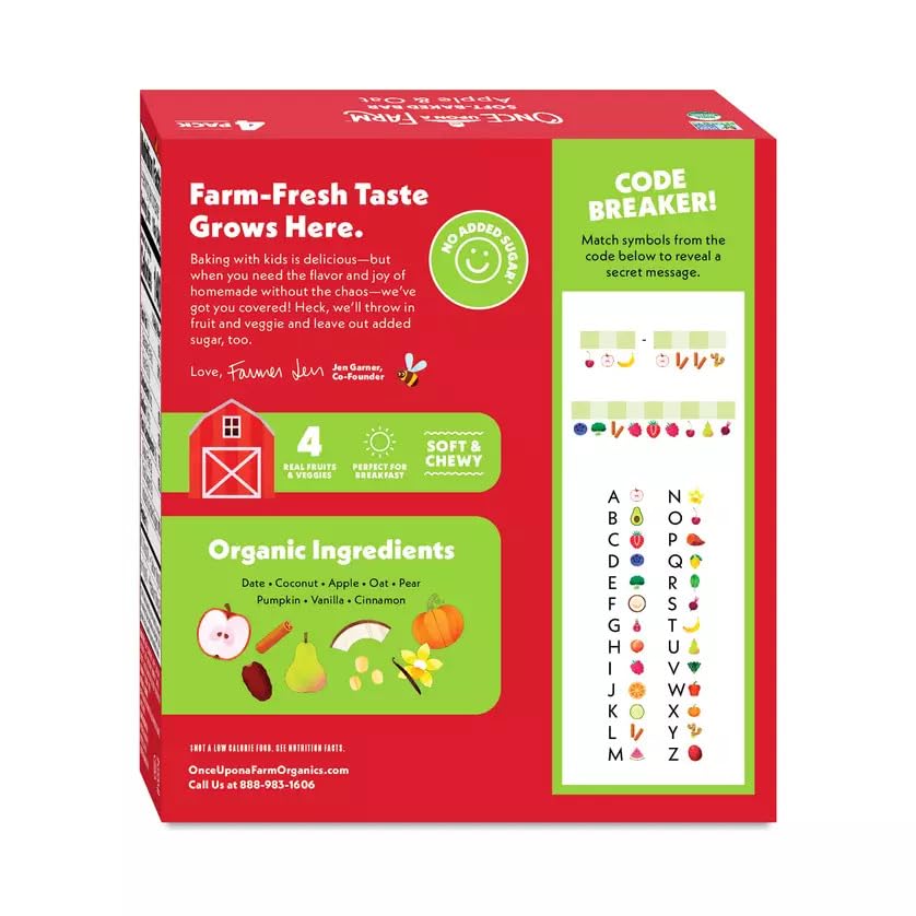Once Upon A Farm apple-oat bars packaging emphasizes convenient grab-and-go