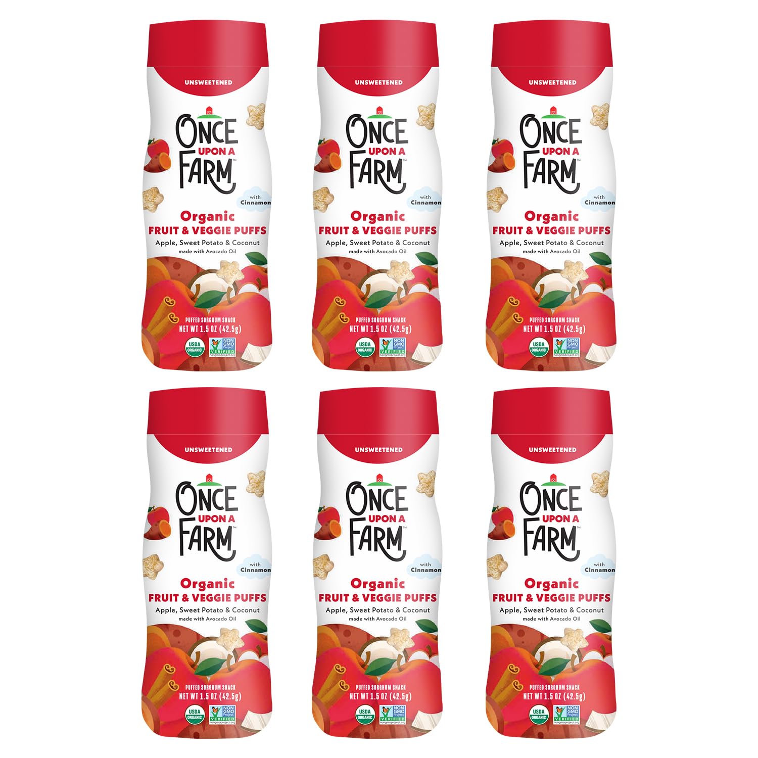 Once Upon a Farm puff canister on shelf, convenient on-the-go snack