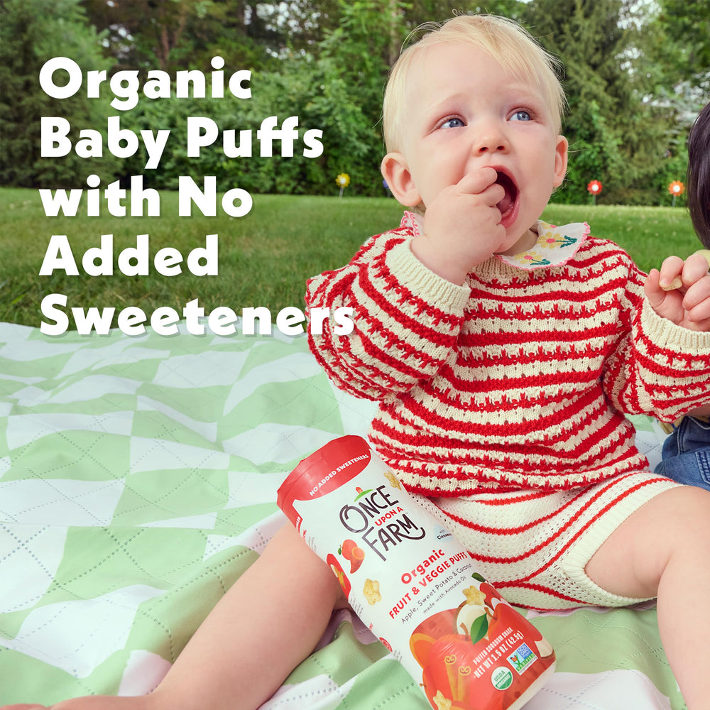 Family snack time with fruit and veggie puffs, inviting tasting