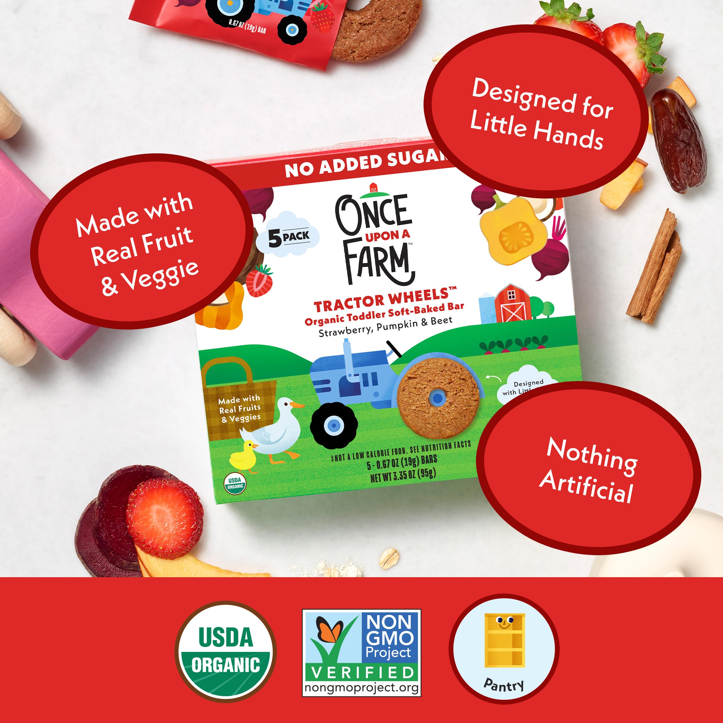 Once Upon a Farm packaging shot, convenient eight-bar pack for families
