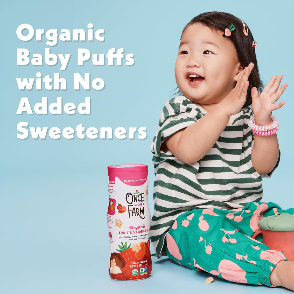 Family snack time with strawberry coconut sweet potato puffs