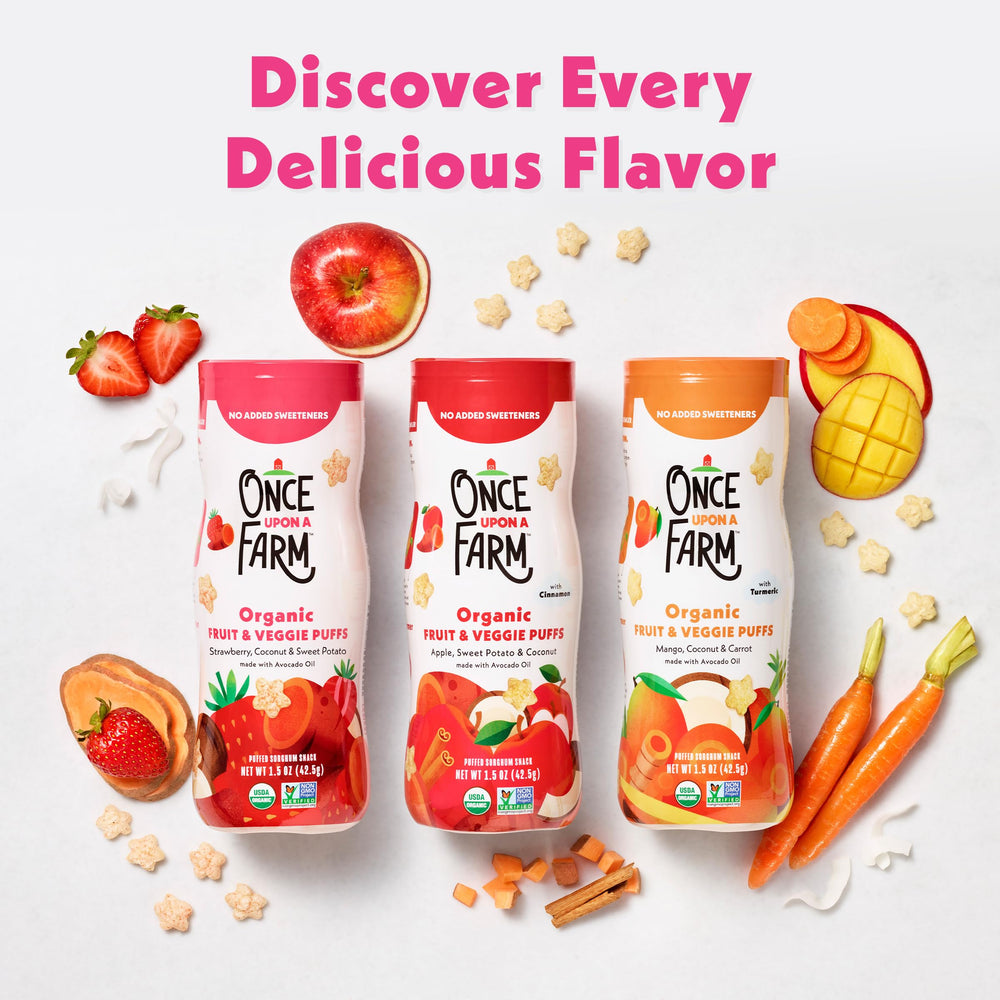 Once Upon a Farm mango carrot puffs, bright flavor and light crunch for little mouths.