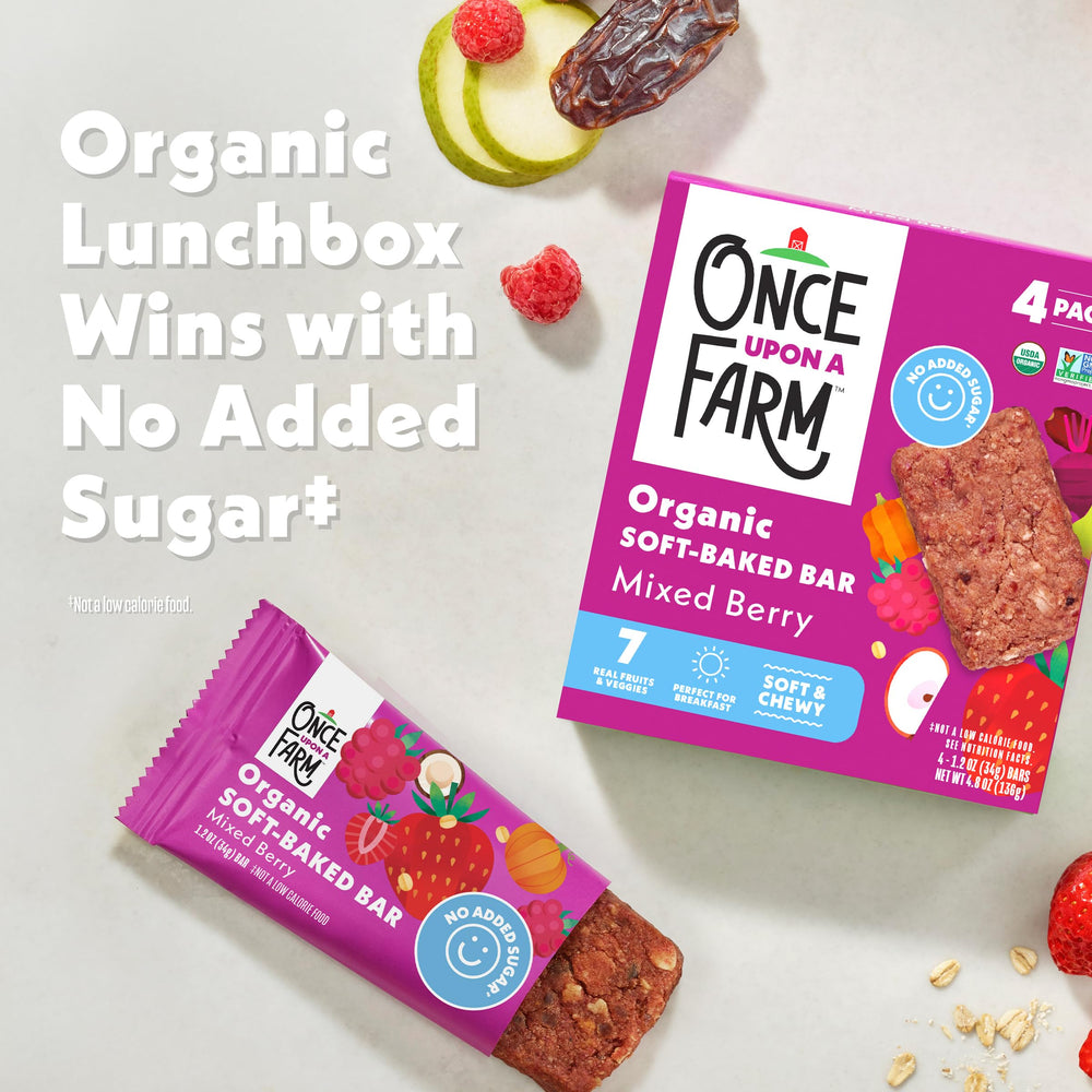 Once Upon A Farm ingredients shot featuring oats and berries for wholesome, flavorful snacking.