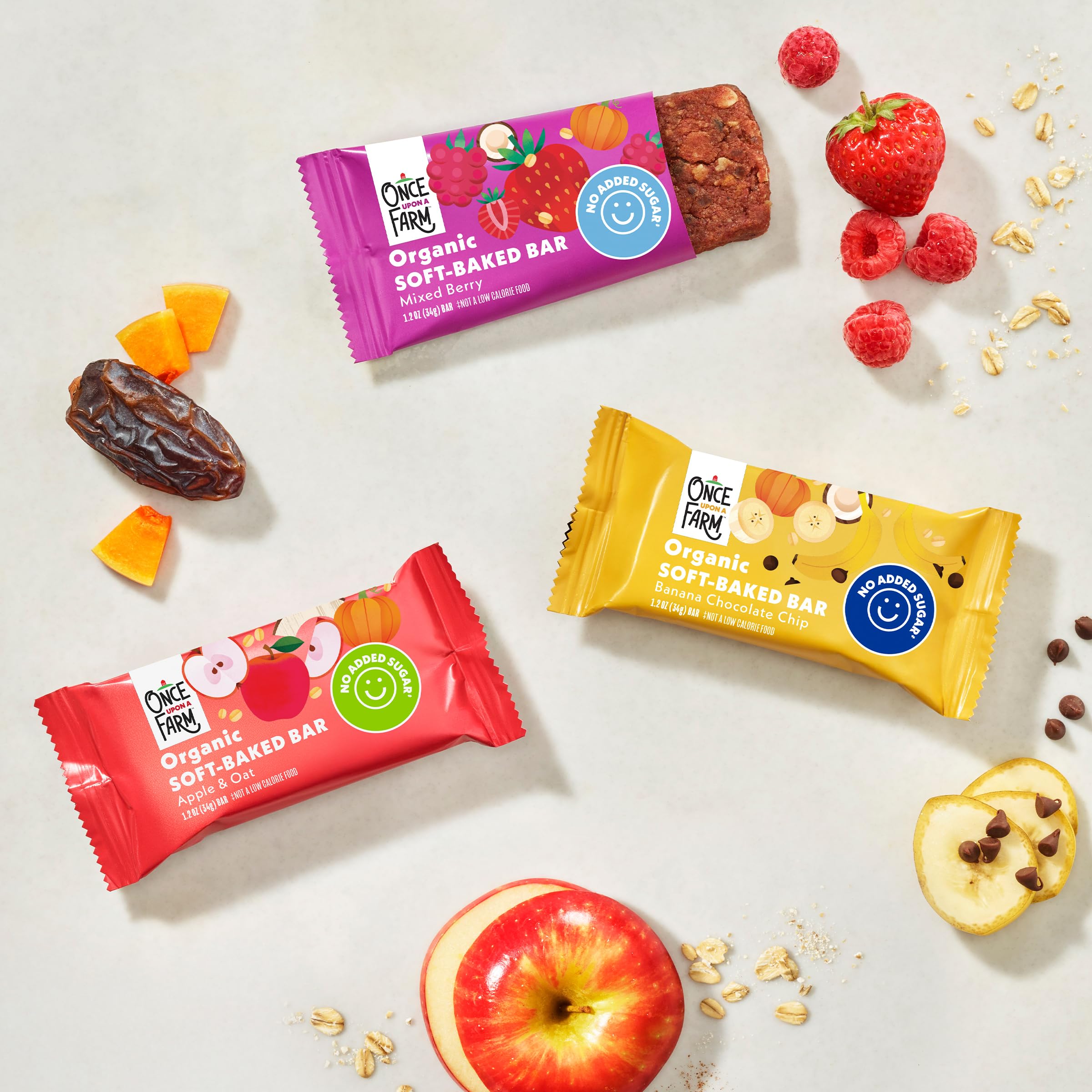 Once Upon A Farm nutrition facts panel with organic ingredients and gentle sweetness.