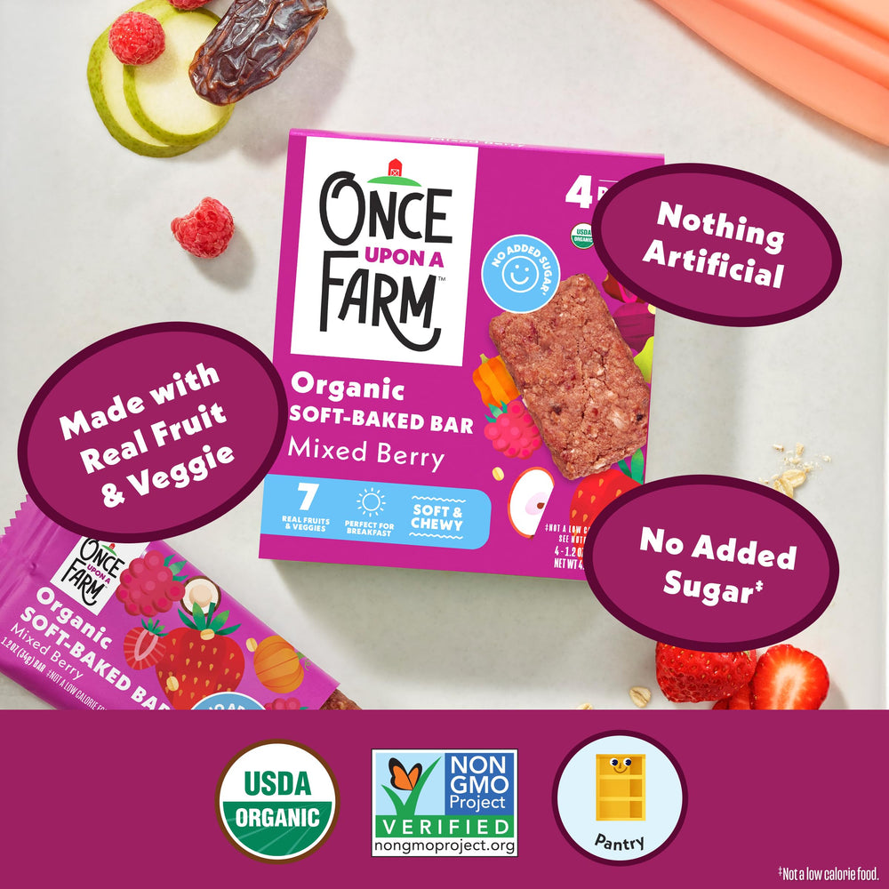 Once Upon A Farm texture close-up showing soft crumb and berry specks.