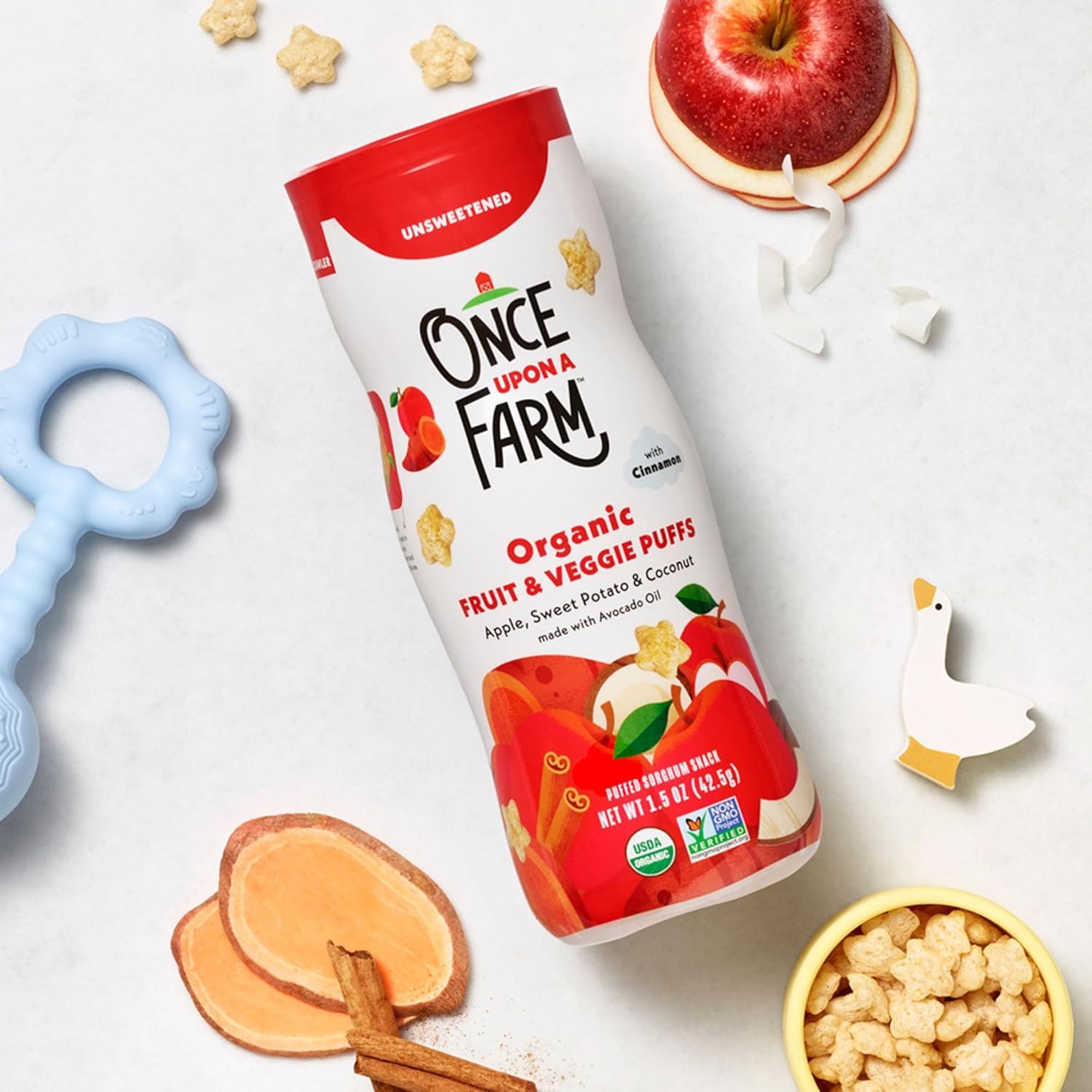 Once Upon a Farm packaging canister, portable snack pack for home or travel.