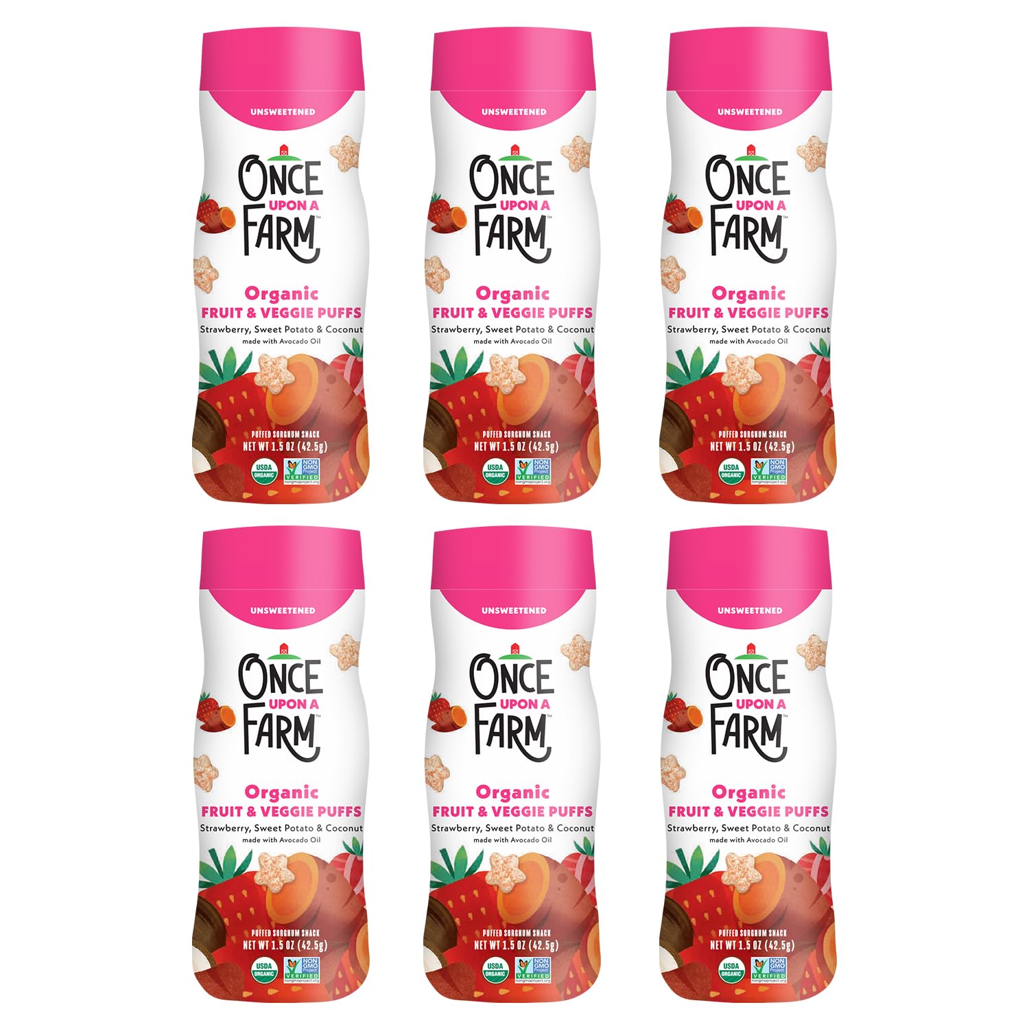 Once Upon a Farm strawberry coconut sweet potato puffs front view for wholesome snacking