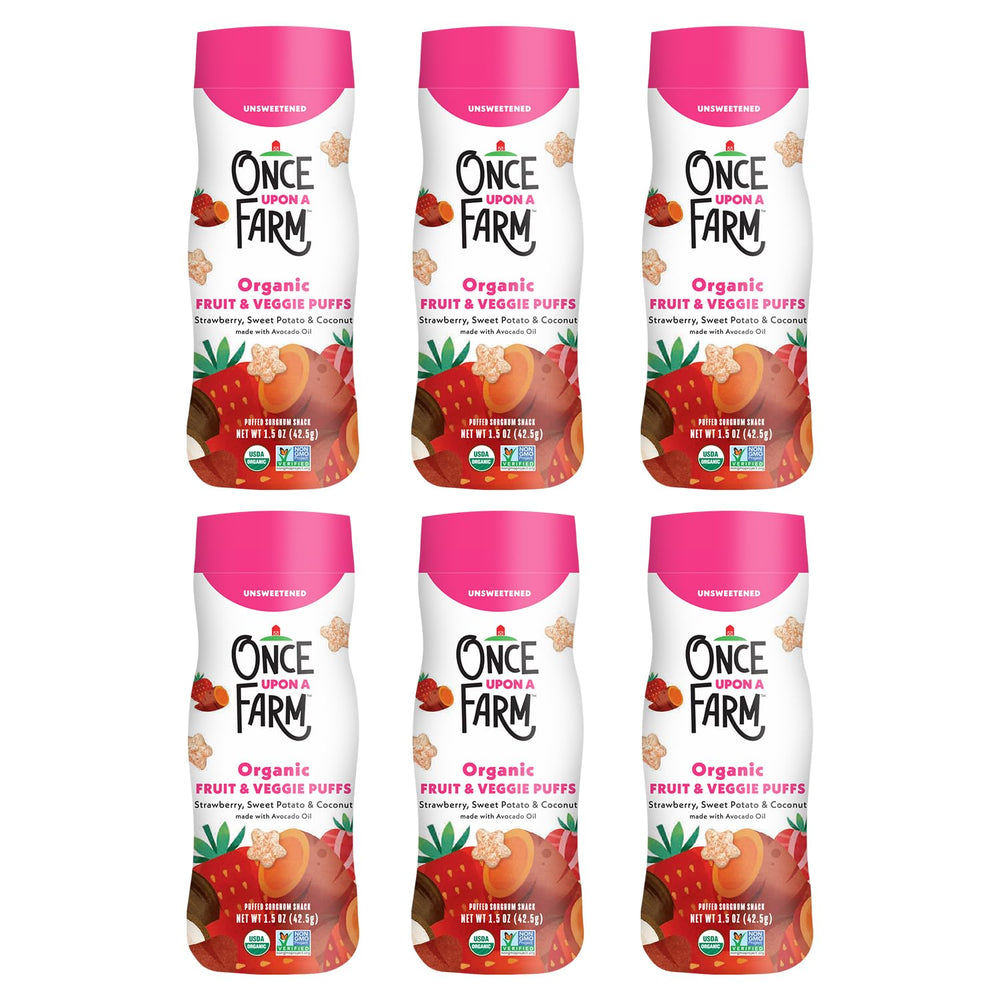 Once Upon a Farm strawberry coconut sweet potato puffs front view for wholesome snacking