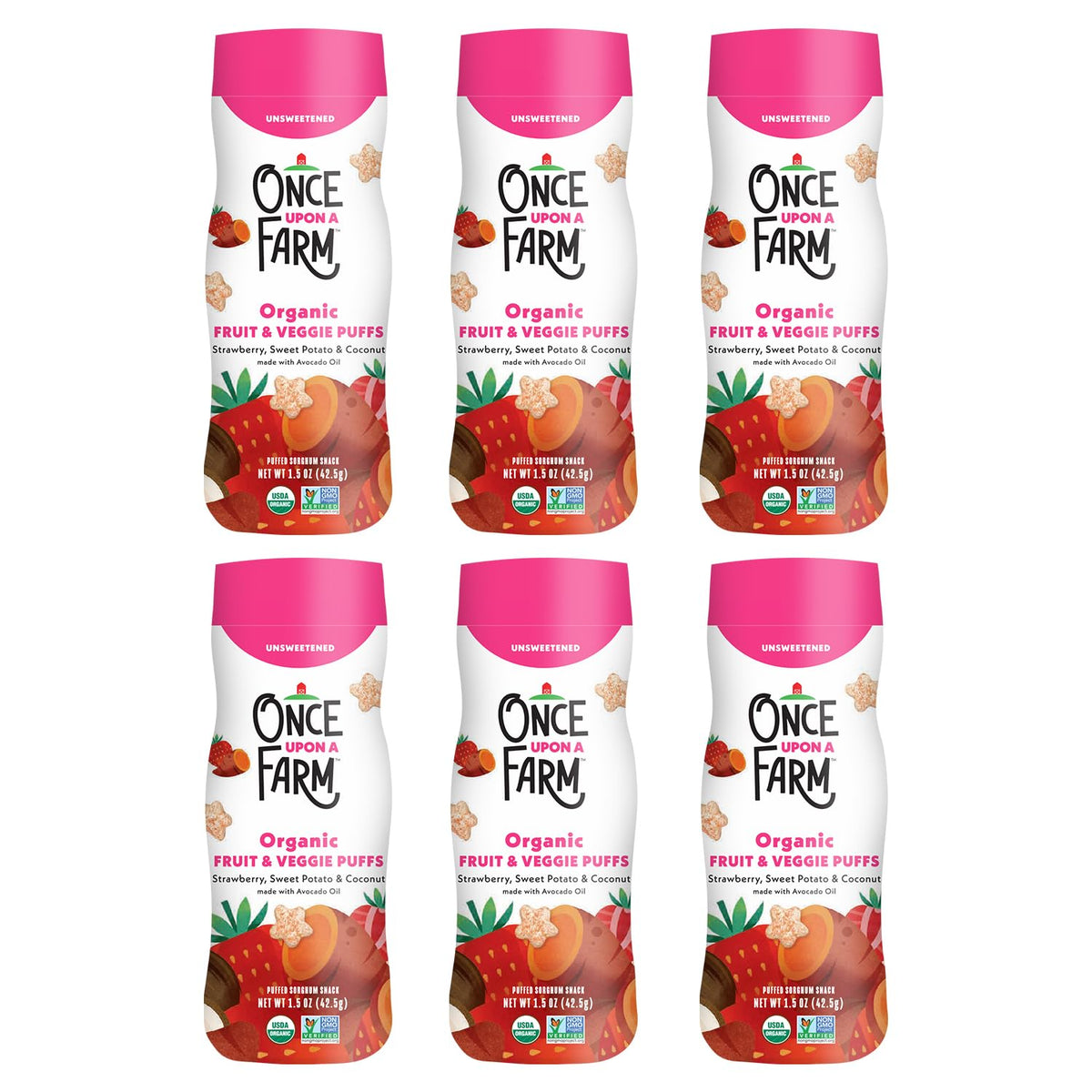 Once Upon a Farm strawberry coconut sweet potato puffs front view for wholesome snacking