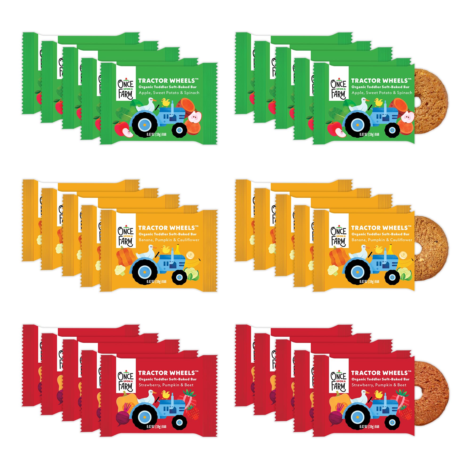 Once Upon a Farm tractor wheel apple bars for toddler snack time with real fruit.