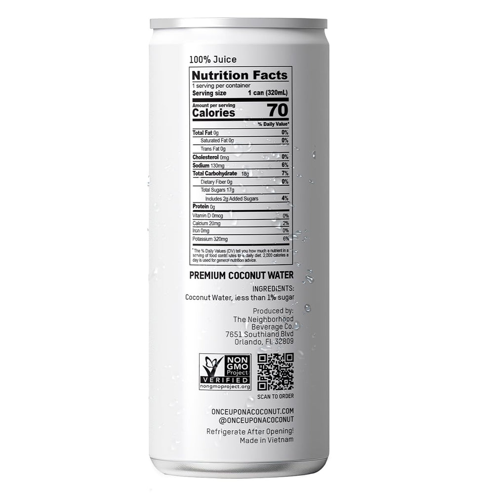 Once Upon a Coconut label close-up shows a clean, non-GMO, gluten-free promise.