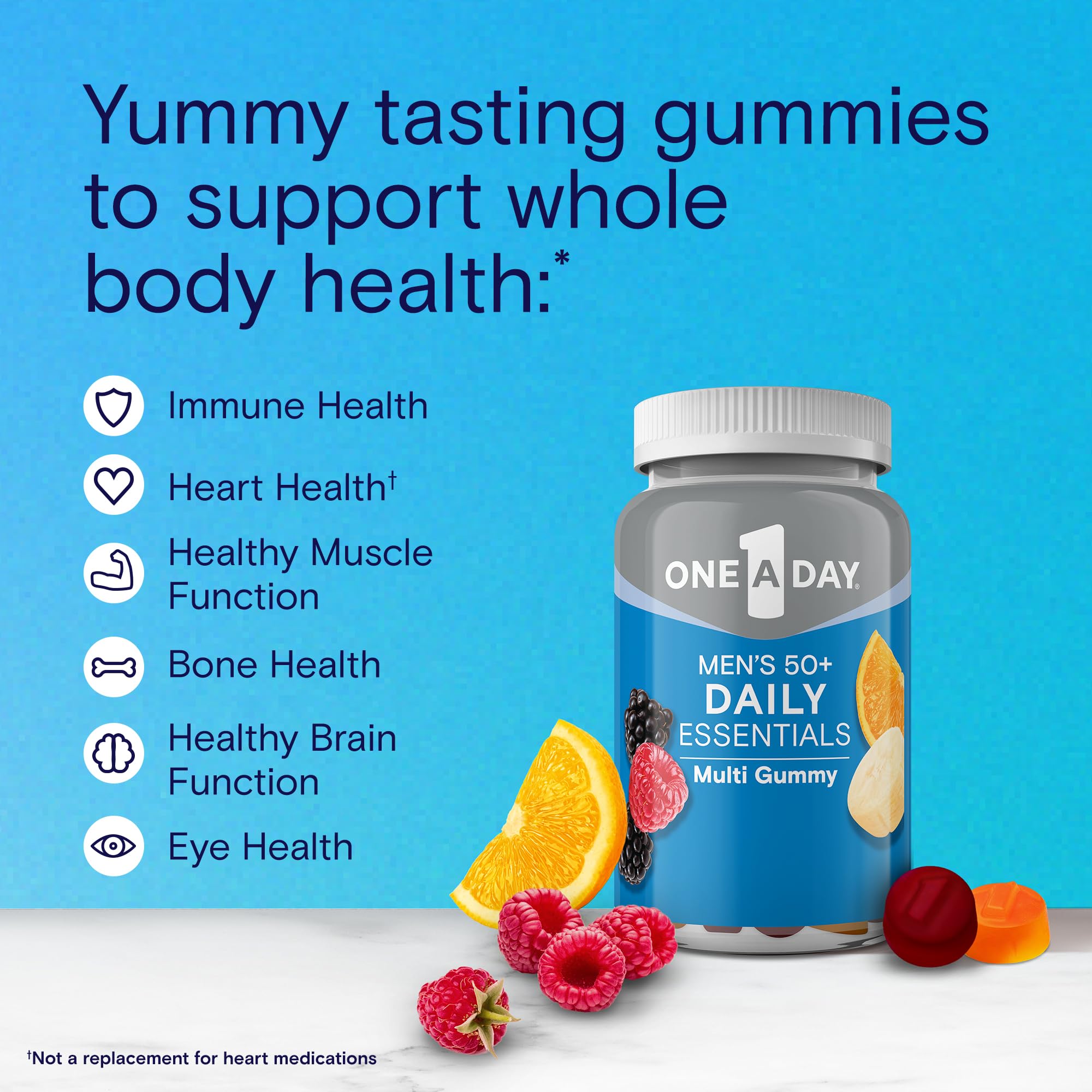 One A Day Men's 50+ fruit medley gummies offer convenient daily nutrition.