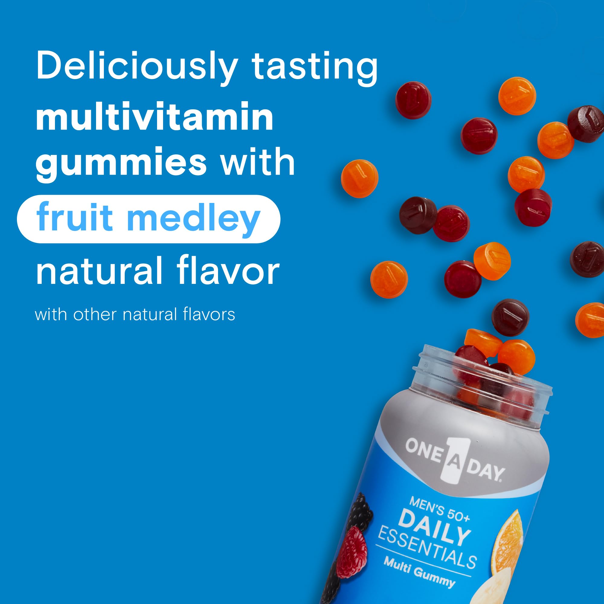 One A Day Men's 50+ gummy closeup emphasizes fruit flavor.