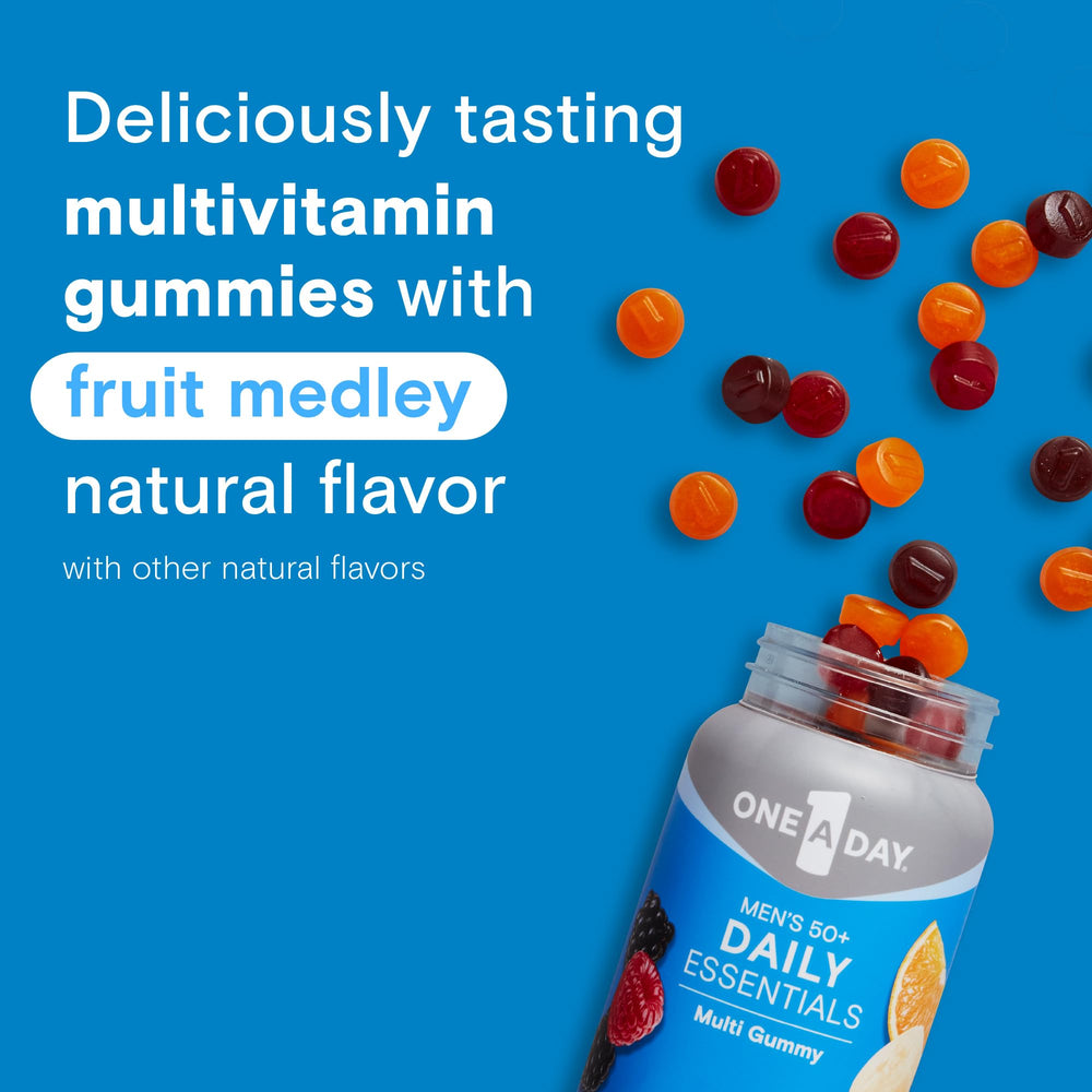 One A Day Men's 50+ gummy closeup emphasizes fruit flavor.