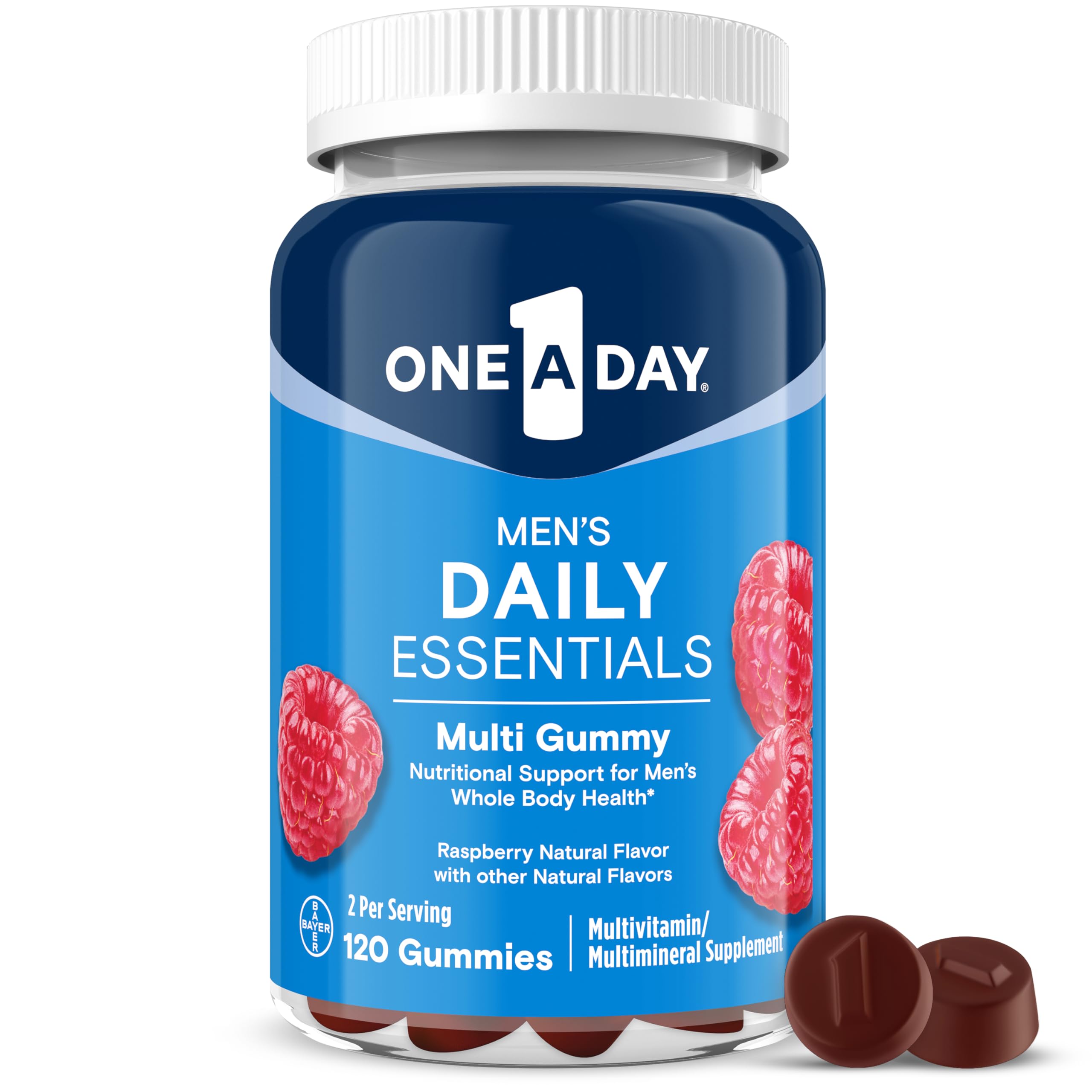 One A Day Men’s Daily Essentials Gummies bottle with raspberry flavor for immune support.