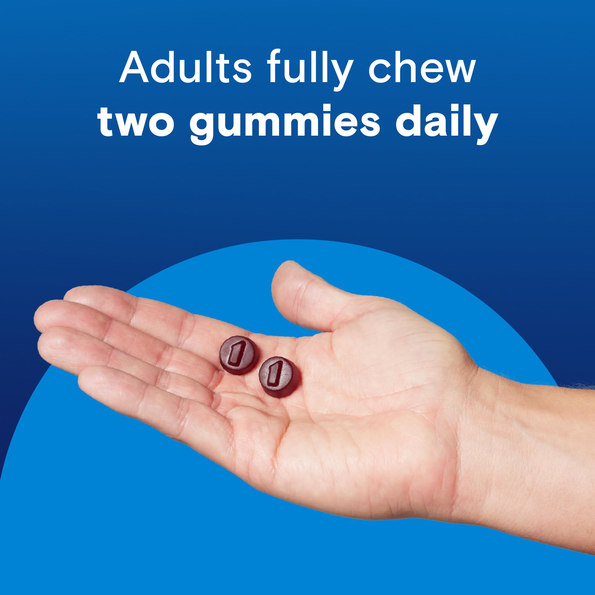 Two gummies shown as the daily dose for busy men on the go.