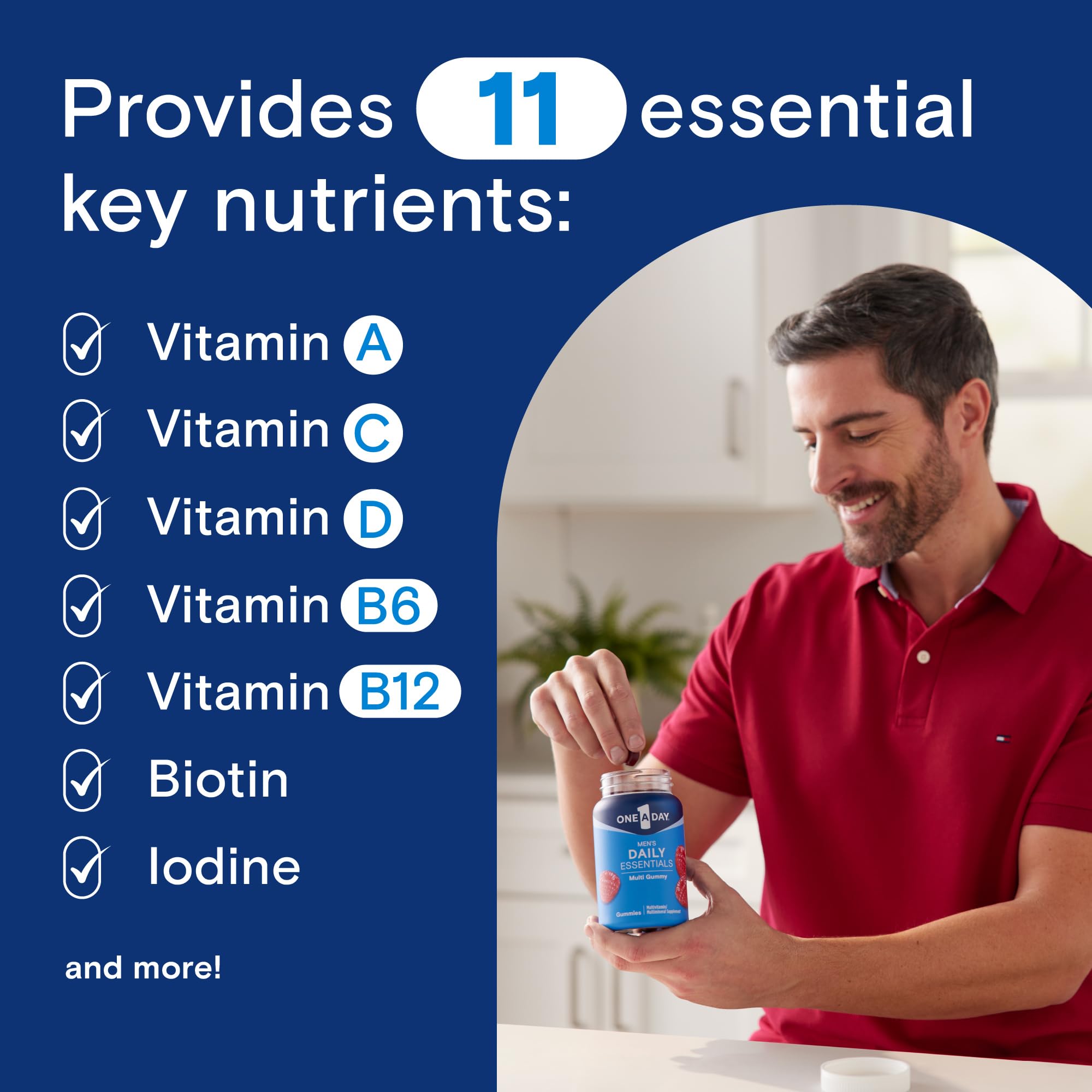 One A Day Men’s Daily Essentials Gummies packaging with nutrition facts for energy support.