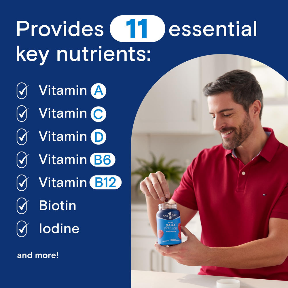 One A Day Men’s Daily Essentials Gummies packaging with nutrition facts for energy support.