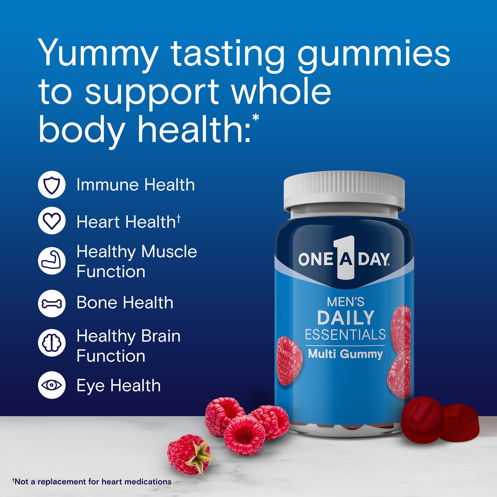 One A Day Men’s Daily Essentials Gummies raspberry bite close-up for daily nutrition.