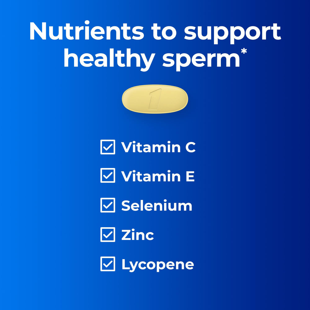 ONE A DAY Men's Pre-Conception Health tablets close-up highlights antioxidant formula