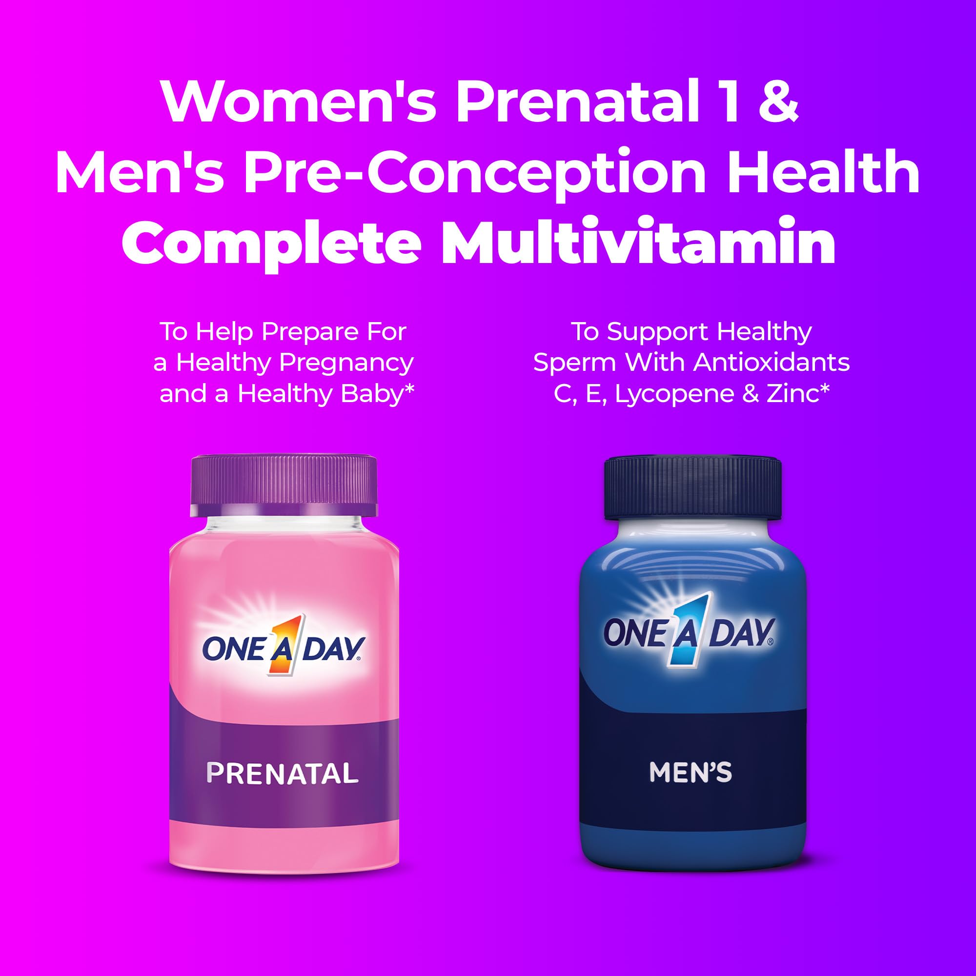 ONE A DAY men's preconception health tablets closeup highlights antioxidant blend.