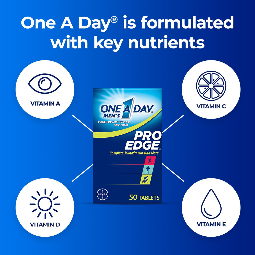 One A Day Men’s Pro Edge bottle label shows key vitamins.
