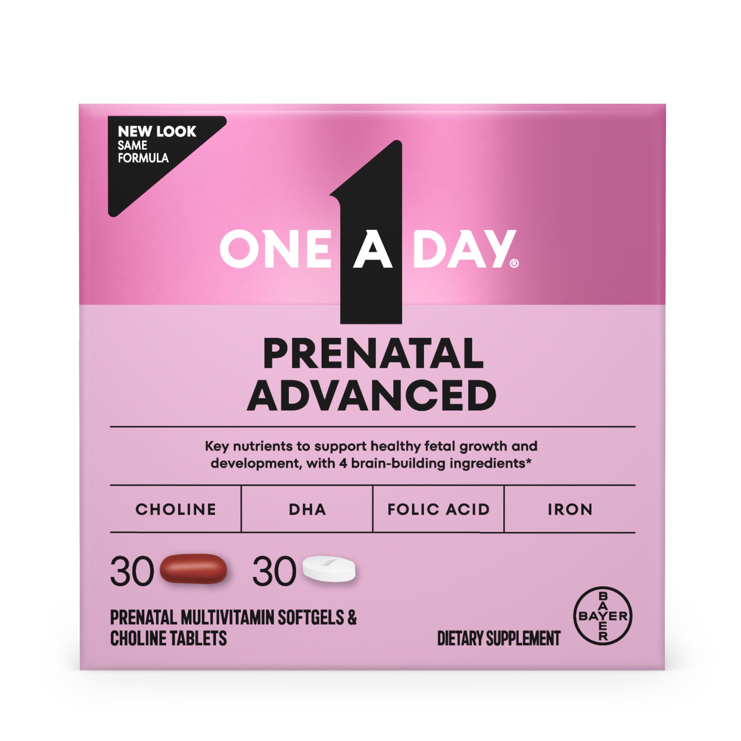 ONE A DAY Prenatal Advanced bottle front, easy daily prenatal nutrition