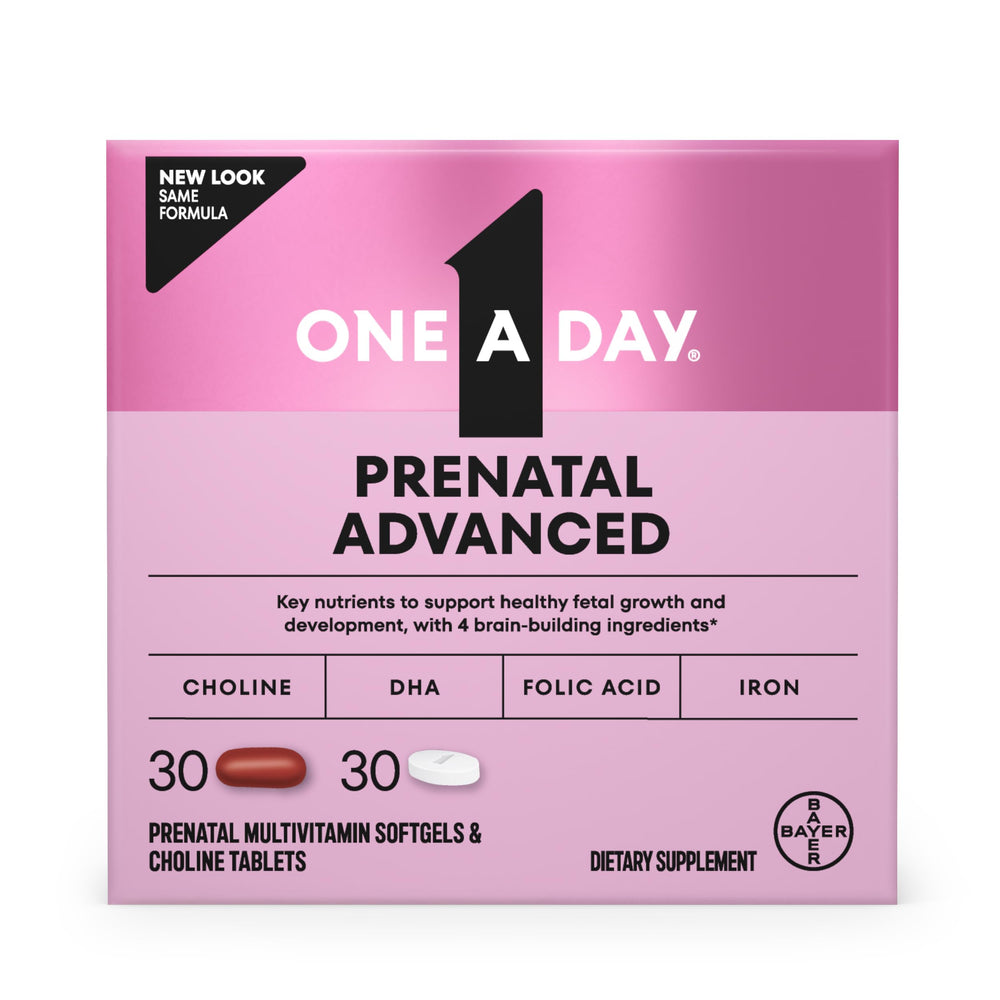 ONE A DAY Prenatal Advanced bottle front, easy daily prenatal nutrition