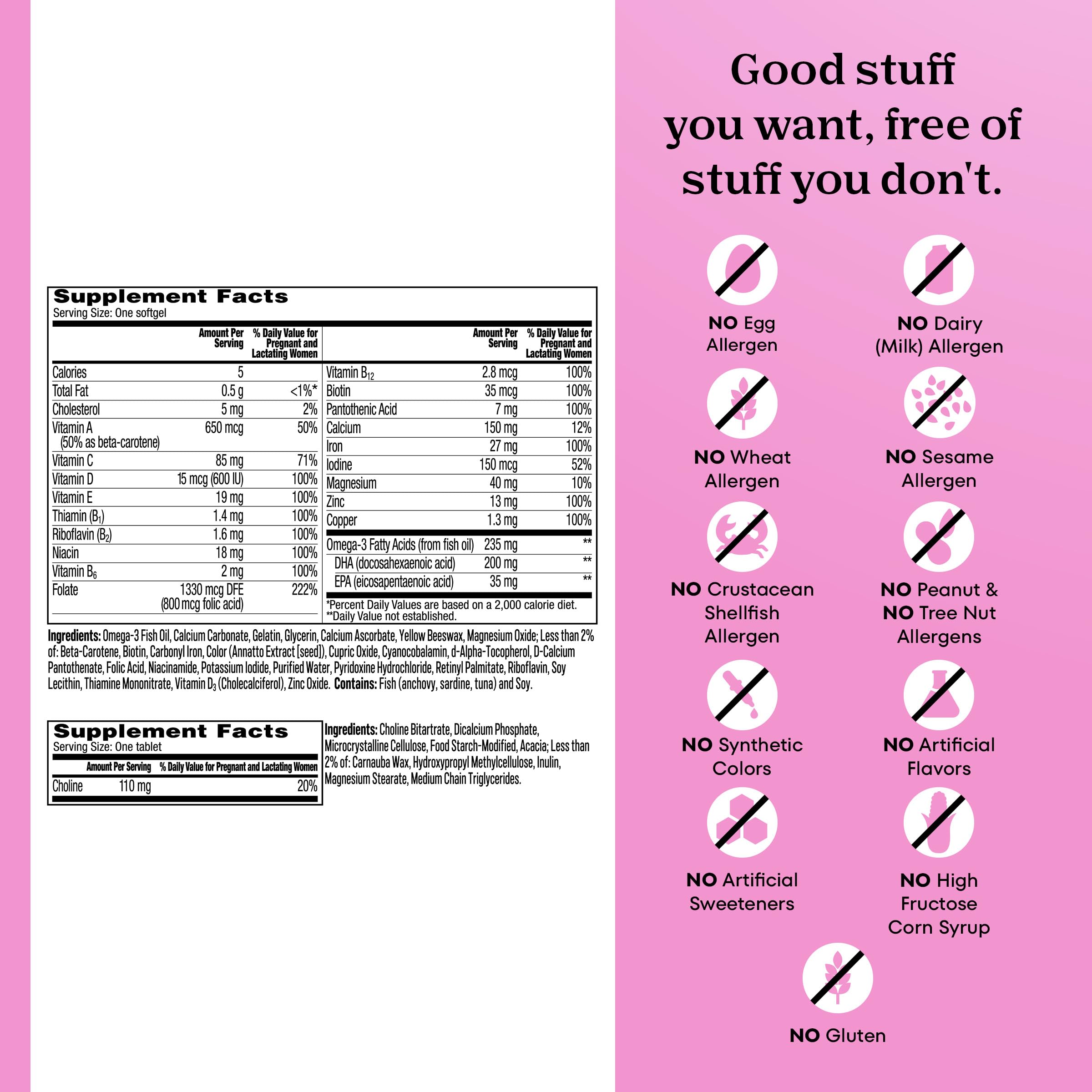 Two-part daily routine shown with softgel and tablet in One A Day Prenatal Advanced