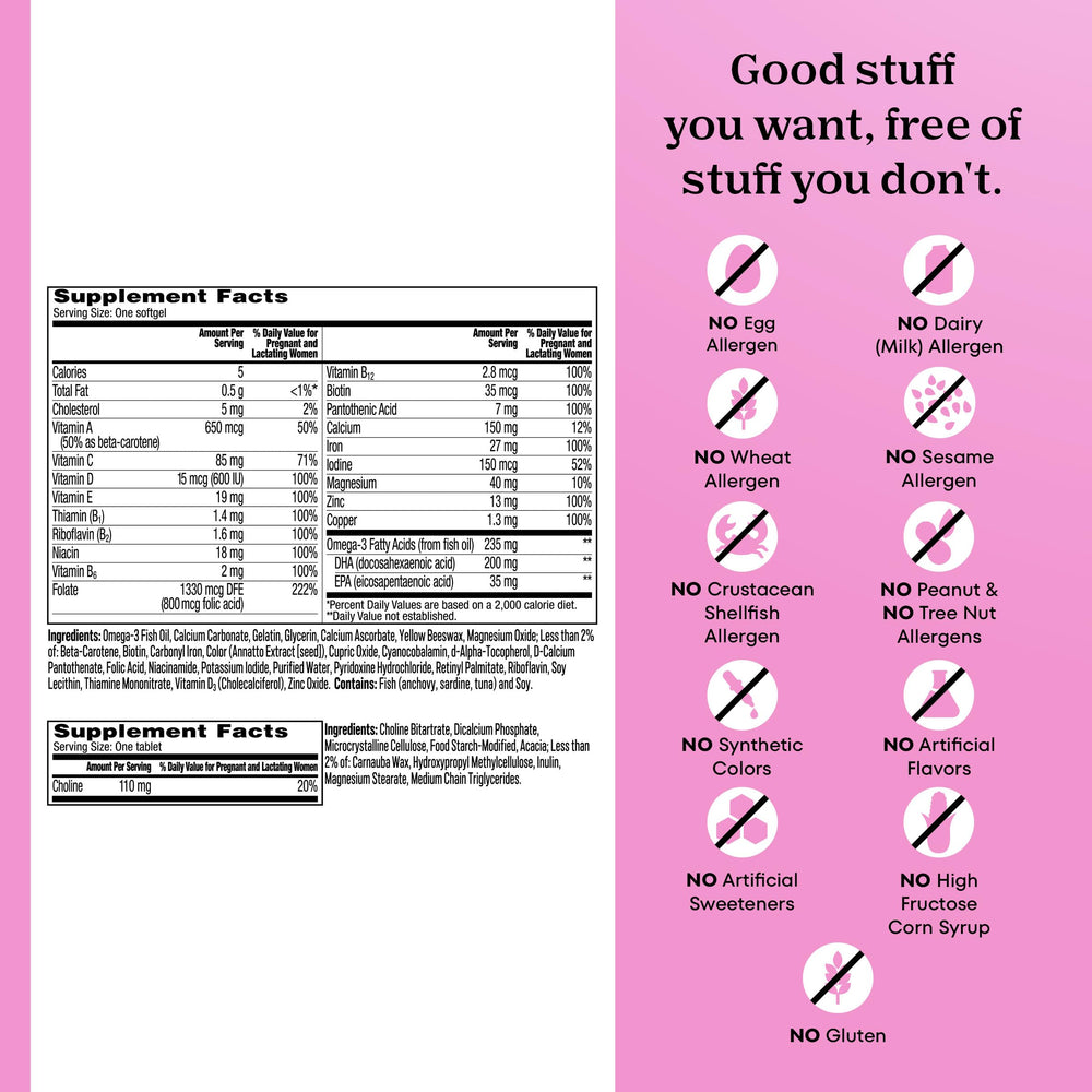 Two-part daily routine shown with softgel and tablet in One A Day Prenatal Advanced