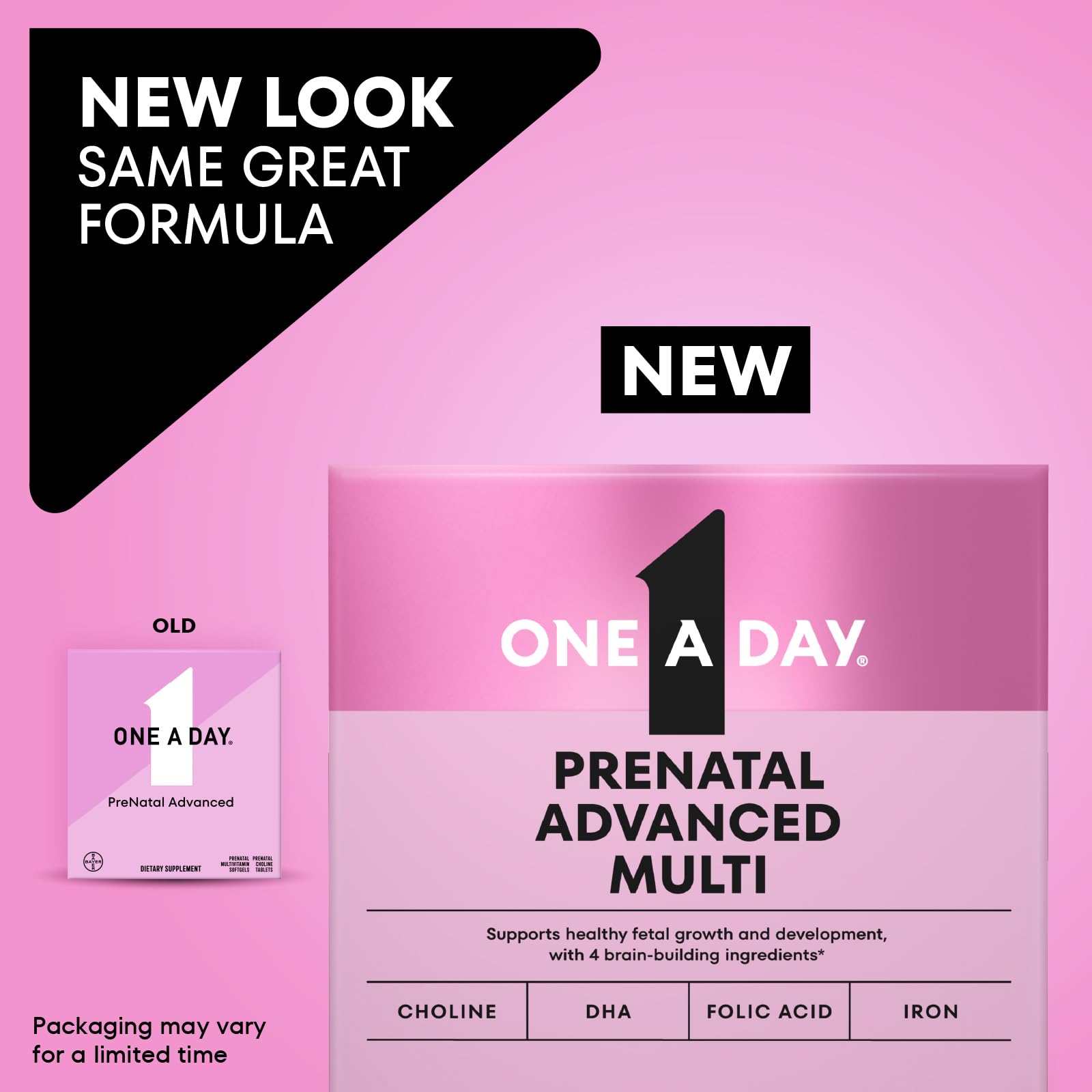 Close-up of One A Day Prenatal Advanced softgel capsules highlighting iron-rich formula
