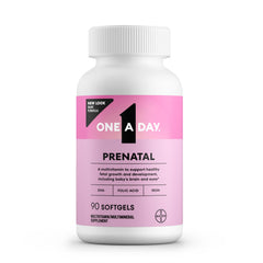 One A Day Prenatal bottle front showing daily softgels for mom and baby support