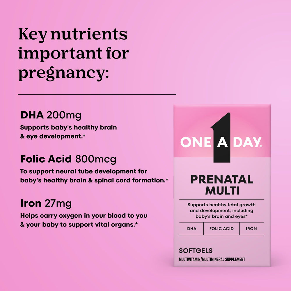 One A Day Prenatal bottle label highlighting essential nutrients for pregnancy.