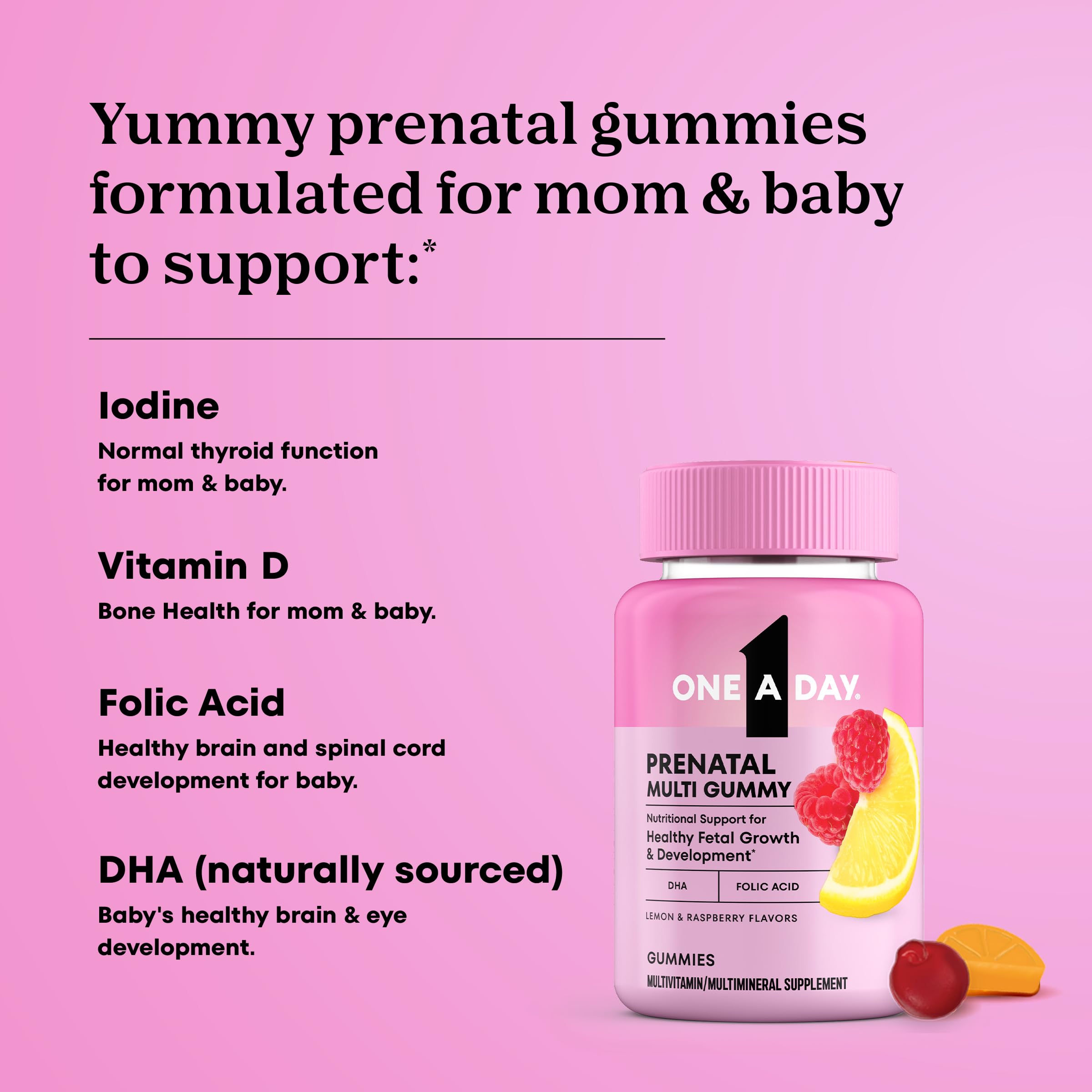 One A Day Prenatal Gummies packaging closeup emphasizing iron-free formulation.