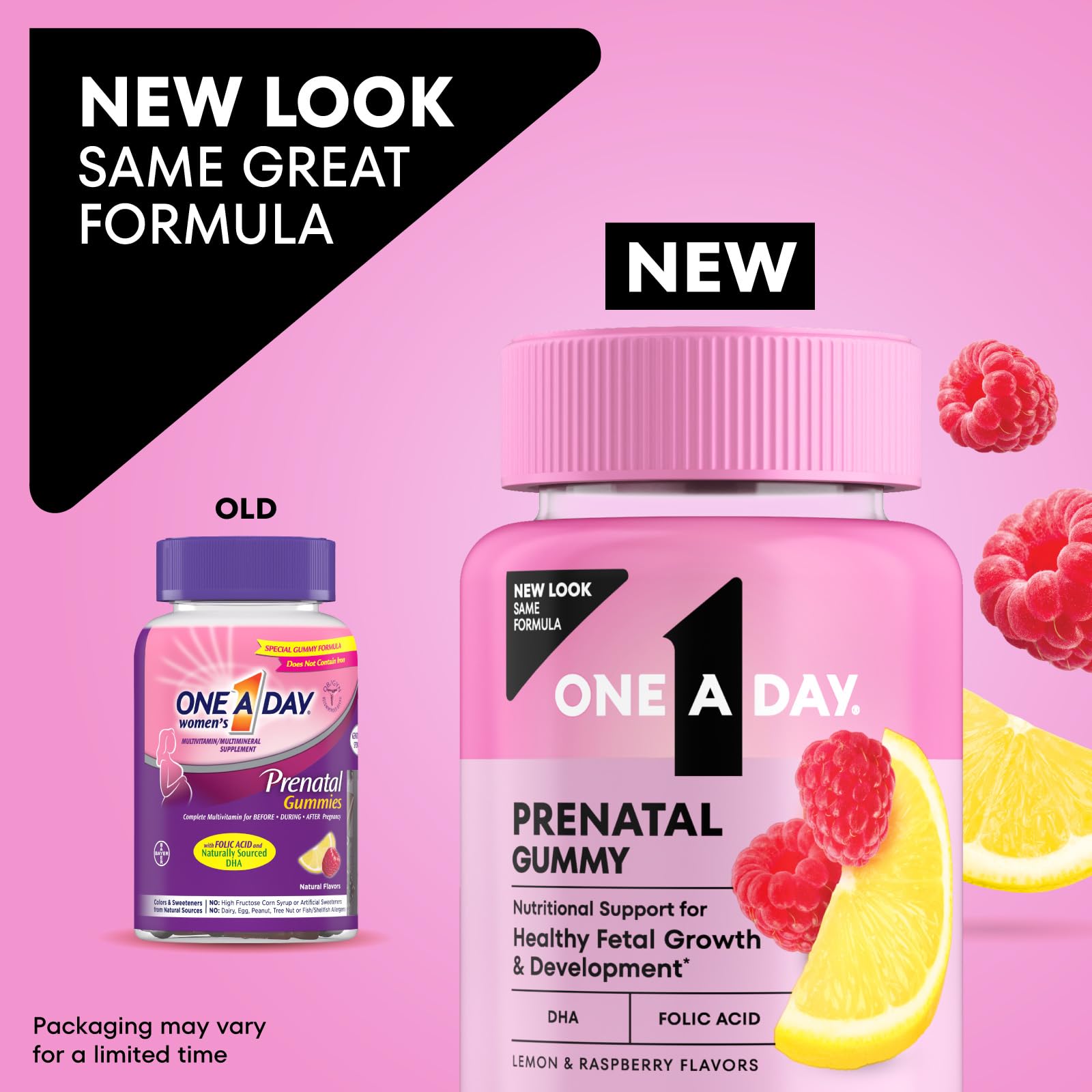 One A Day Prenatal Gummies raspberry bottle highlights delicious flavor and gentle digestion.