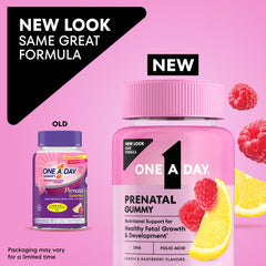 One A Day Prenatal Gummies raspberry bottle highlights delicious flavor and gentle digestion.