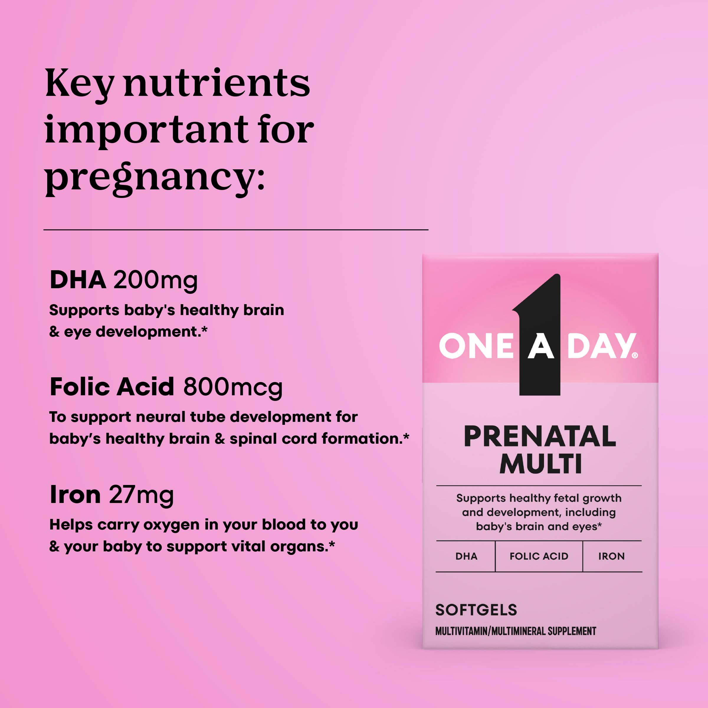 One A Day Prenatal nutrition label showing 100% DV iron and vitamin D