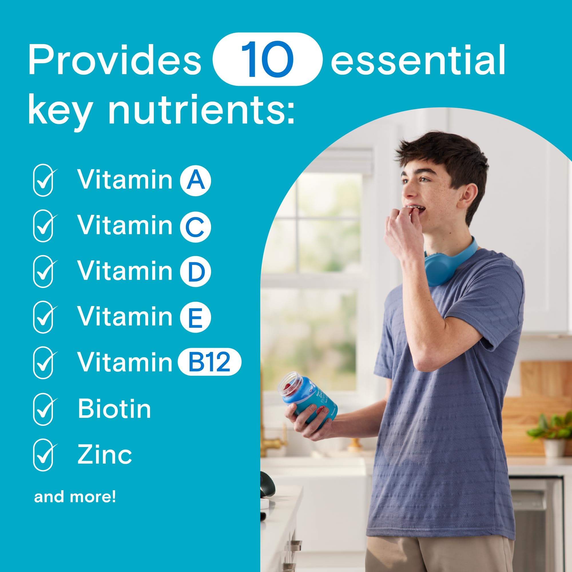 One A Day Teen Boy's Daily Essentials Gummies label highlights essential nutrients for bone and brain health.