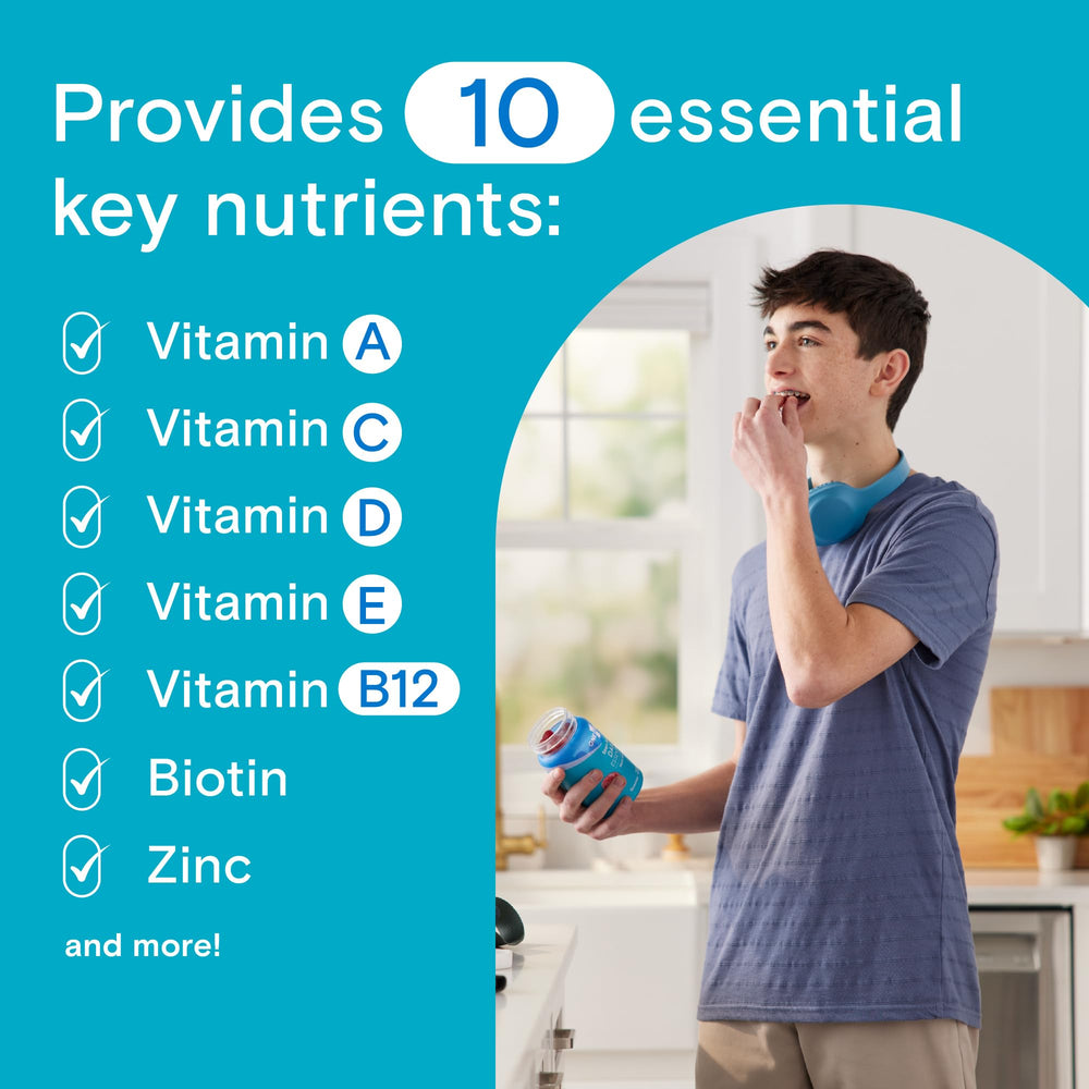 One A Day Teen Boy's Daily Essentials Gummies label highlights essential nutrients for bone and brain health.