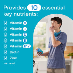 One A Day Teen Boy's Daily Essentials Gummies label highlights essential nutrients for bone and brain health.