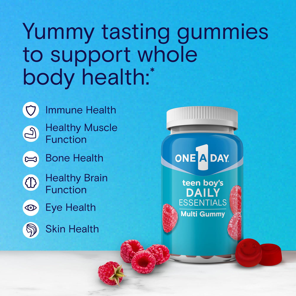 One A Day Teen Boy's Daily Essentials Gummies pour demonstrates a two-gummies serving for daily energy.