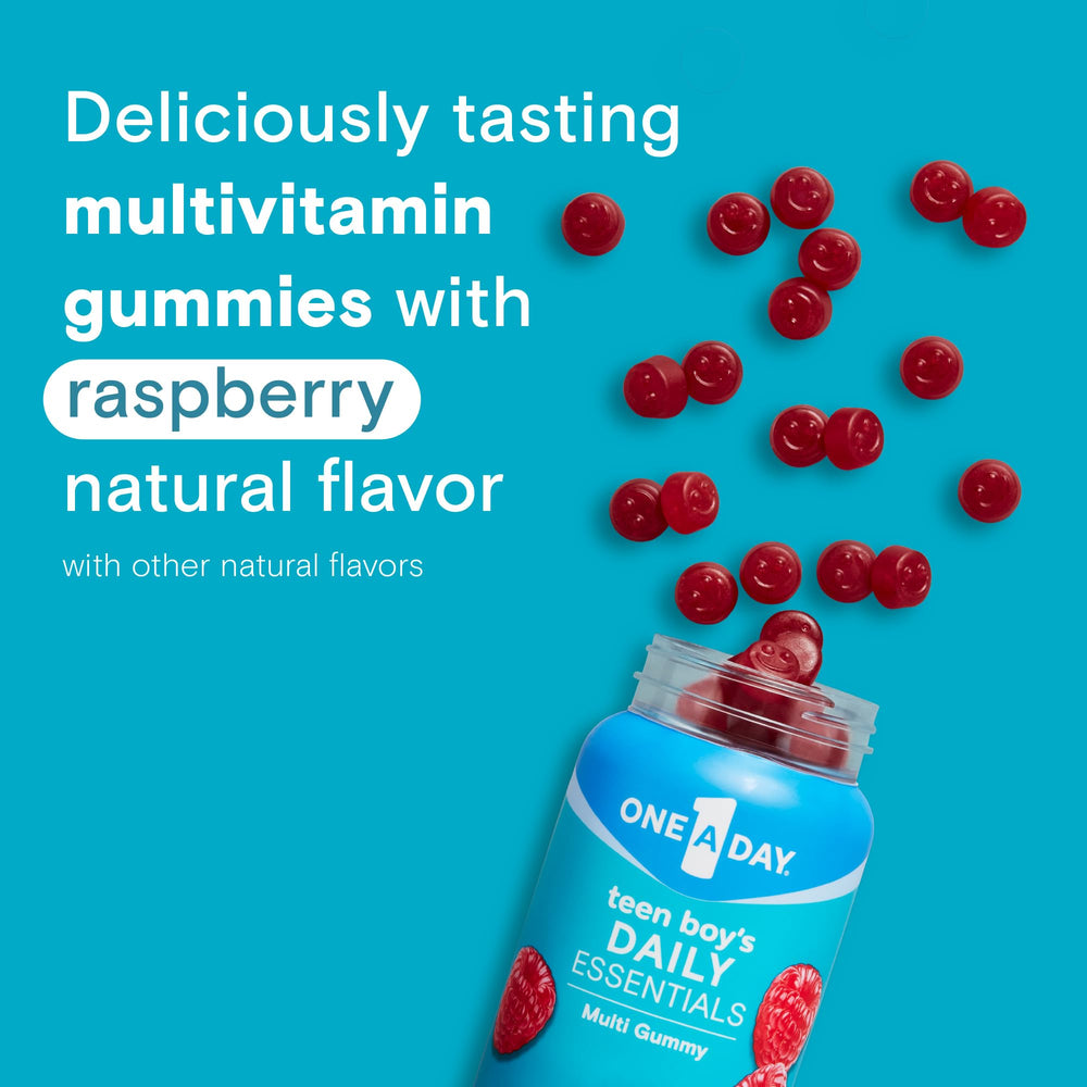One A Day Teen Boy's Daily Essentials Gummies package reflects teen-friendly, bite-sized nutrition for busy days.